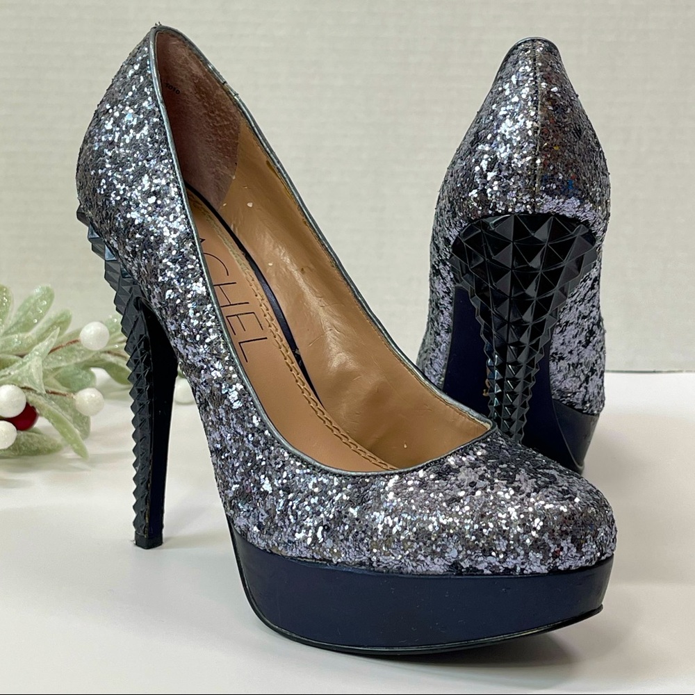 Deep Navy & Silver Glitter Platform Evening Pumps